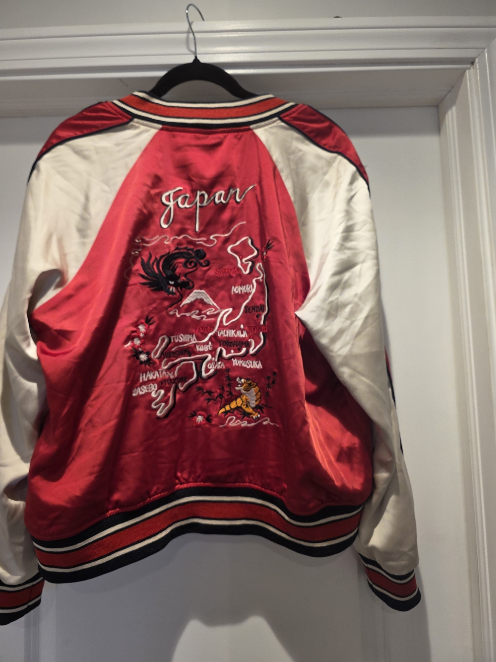 Japan Embroidered Satin SUPERDRY Bomber Jacket - Red & White